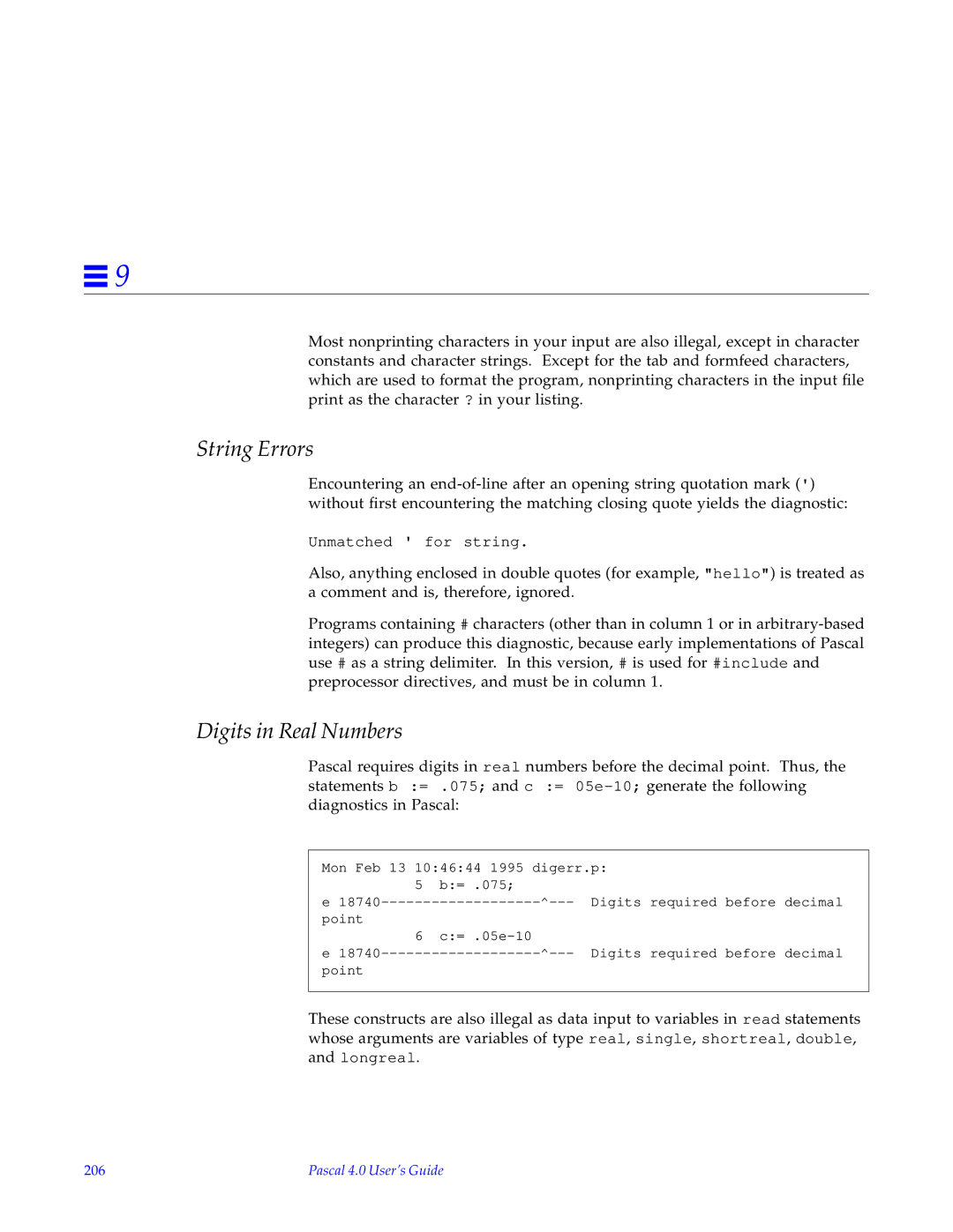 HP SunSoft Pascal 4.0 manual String Errors, Digits in Real Numbers, 206 