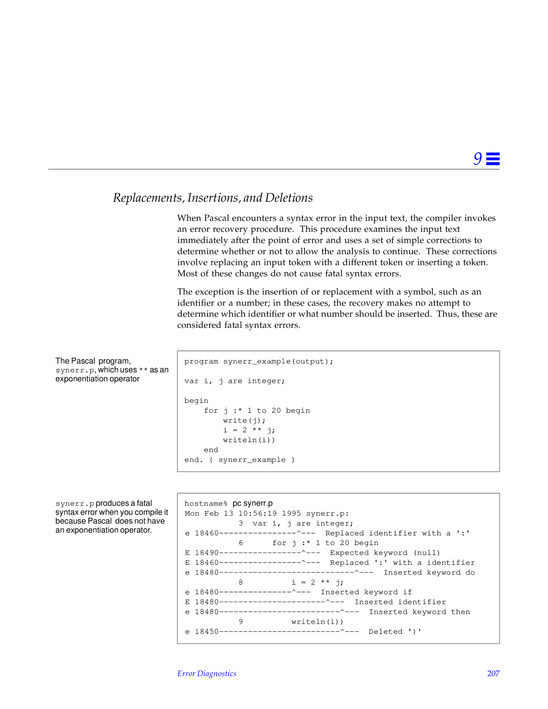 HP SunSoft Pascal 4.0 manual Replacements, Insertions, and Deletions, Hostname% pc synerr.p, Error Diagnostics 207 