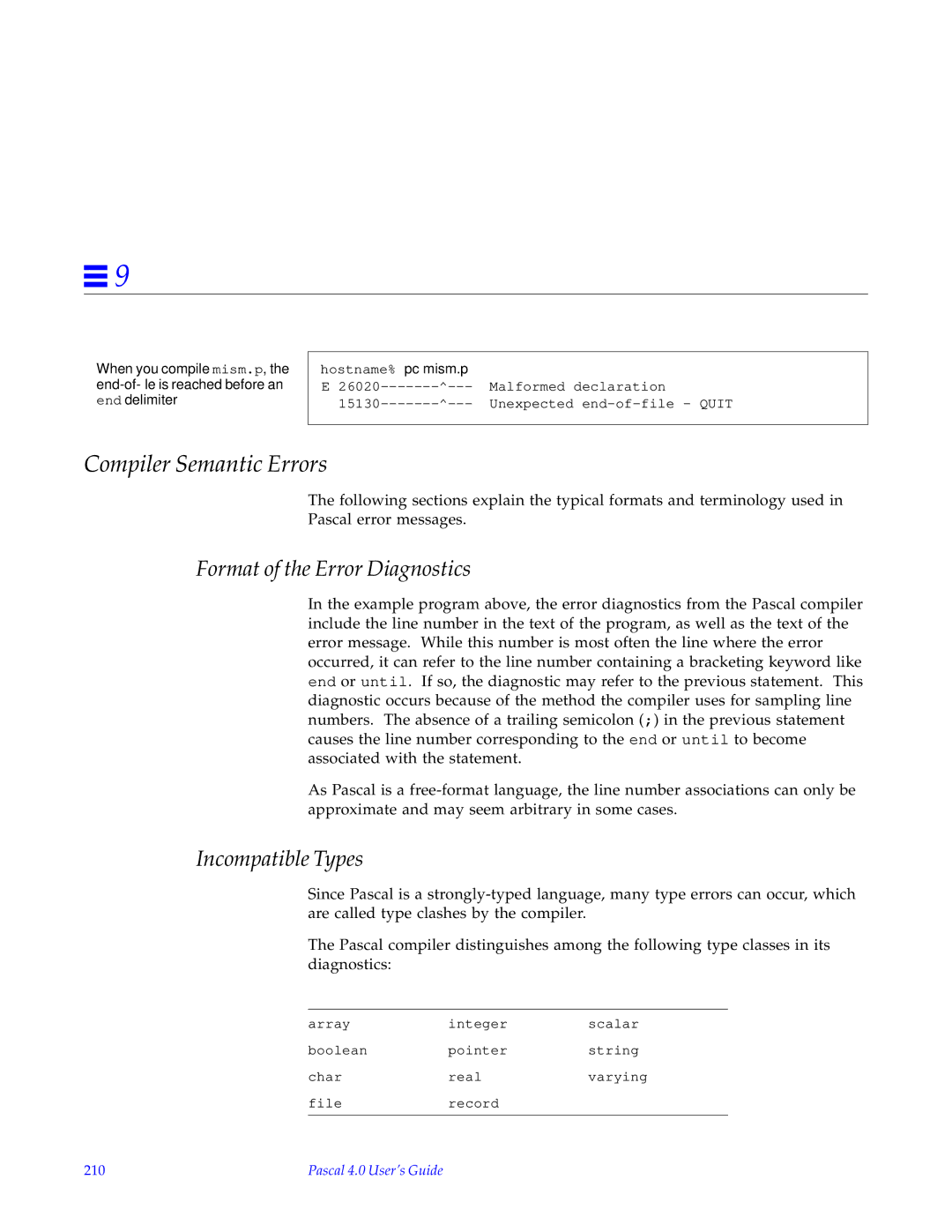 HP SunSoft Pascal 4.0 manual Compiler Semantic Errors, Format of the Error Diagnostics, Incompatible Types, 210 