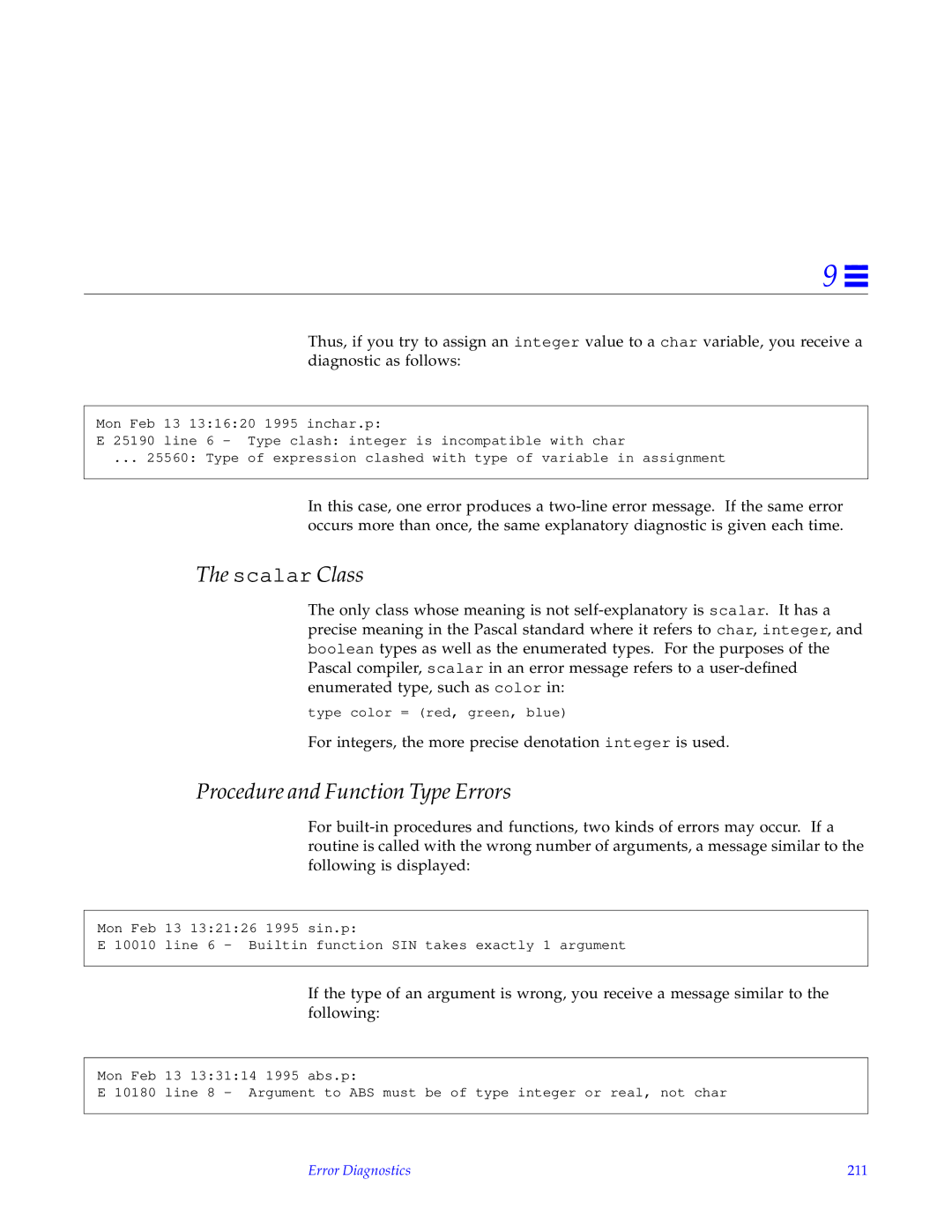 HP SunSoft Pascal 4.0 manual Scalar Class, Procedure and Function Type Errors, Error Diagnostics 211 