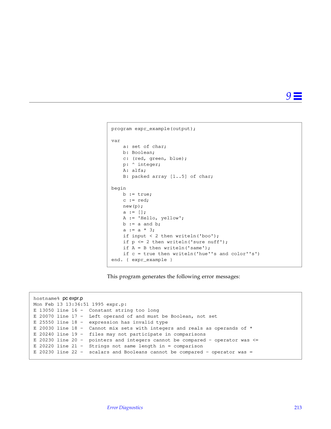 HP SunSoft Pascal 4.0 manual This program generates the following error messages, Error Diagnostics 213 