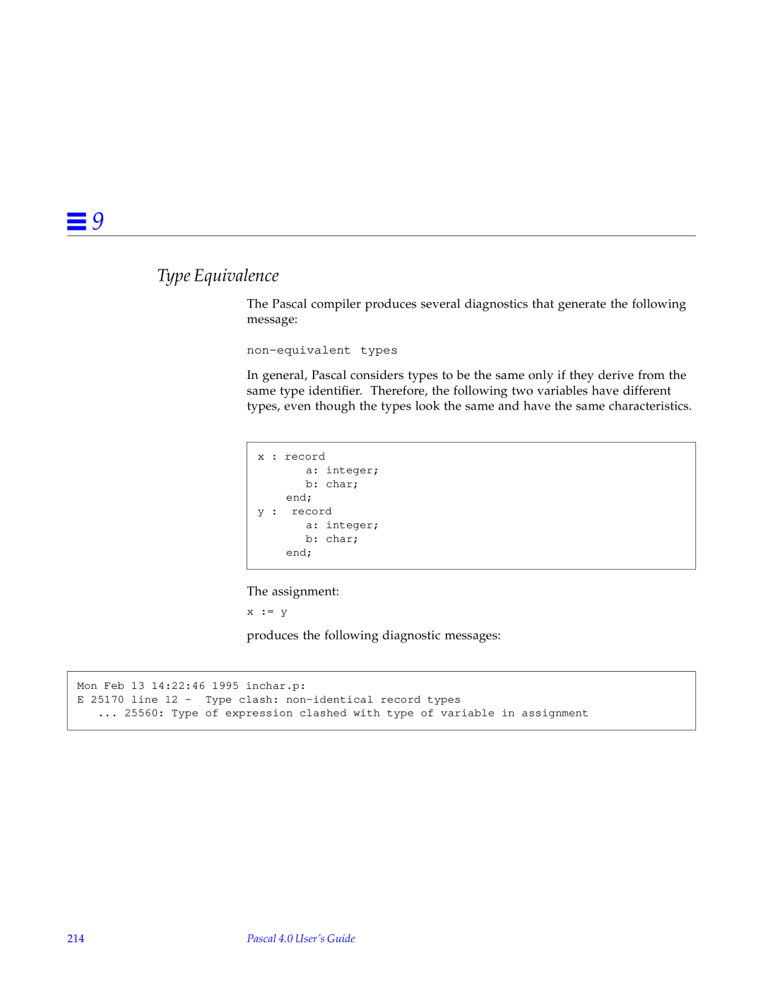 HP SunSoft Pascal 4.0 manual Type Equivalence, 214 