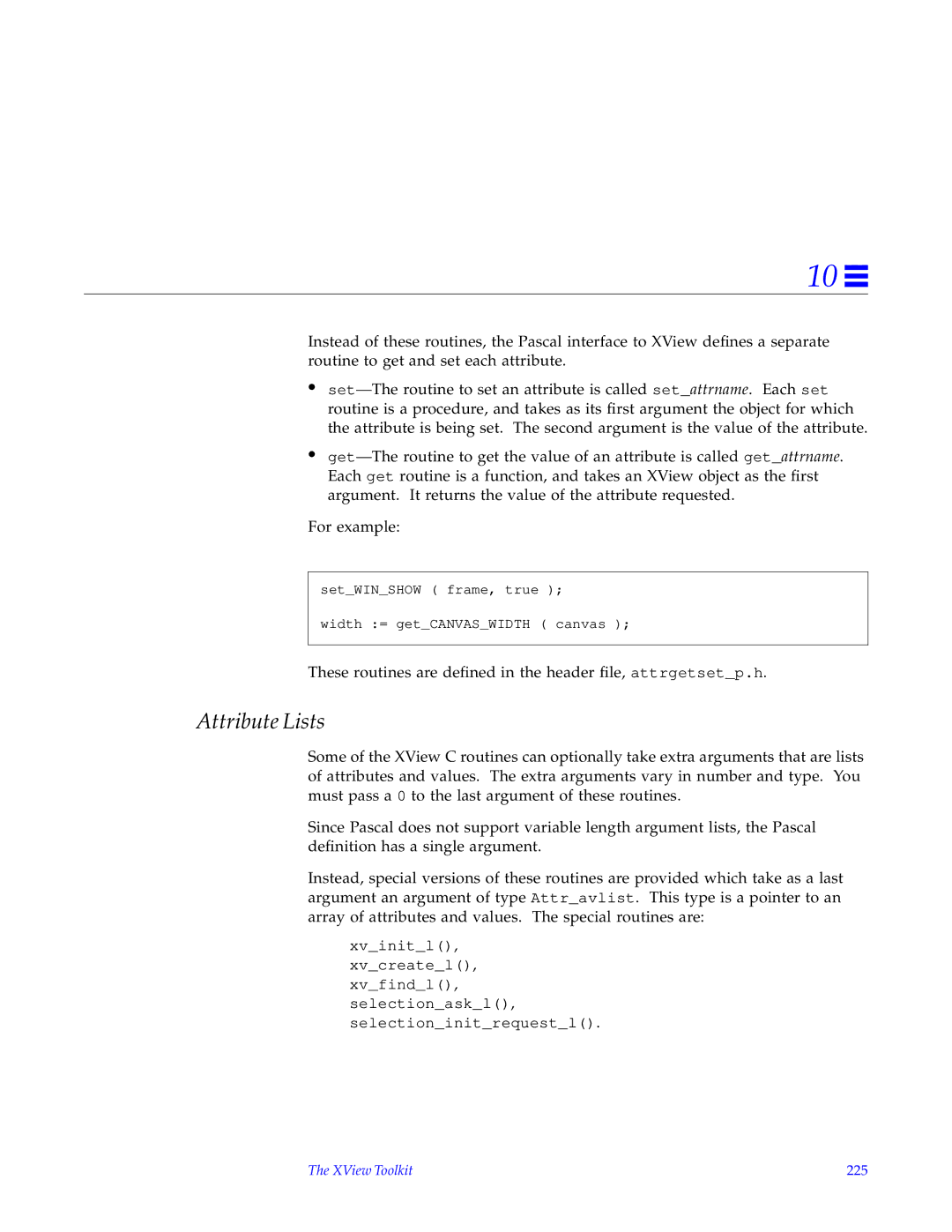 HP SunSoft Pascal 4.0 manual Attribute Lists, XView Toolkit 225 