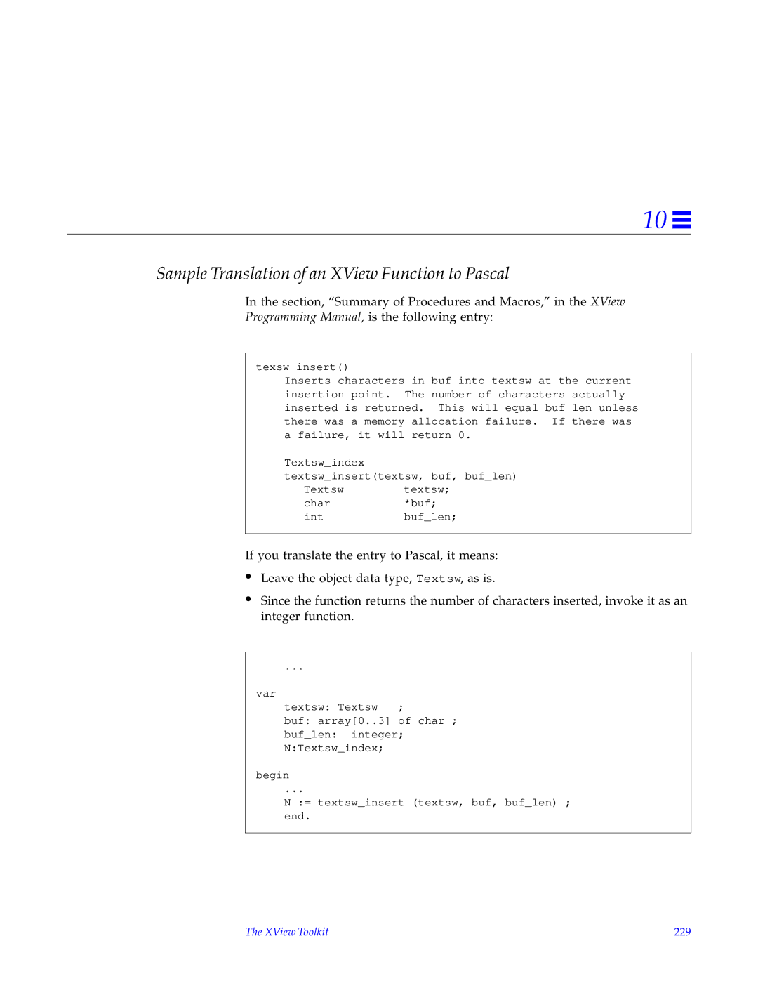 HP SunSoft Pascal 4.0 manual Sample Translation of an XView Function to Pascal, XView Toolkit 229 