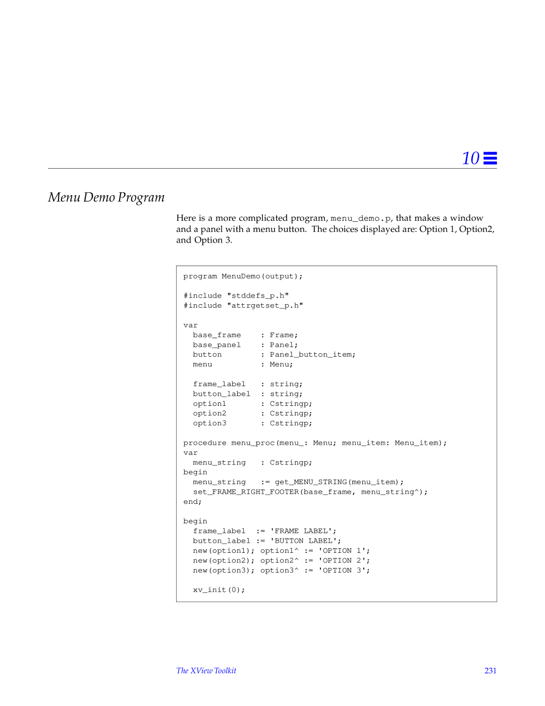 HP SunSoft Pascal 4.0 manual Menu Demo Program, XView Toolkit 231 