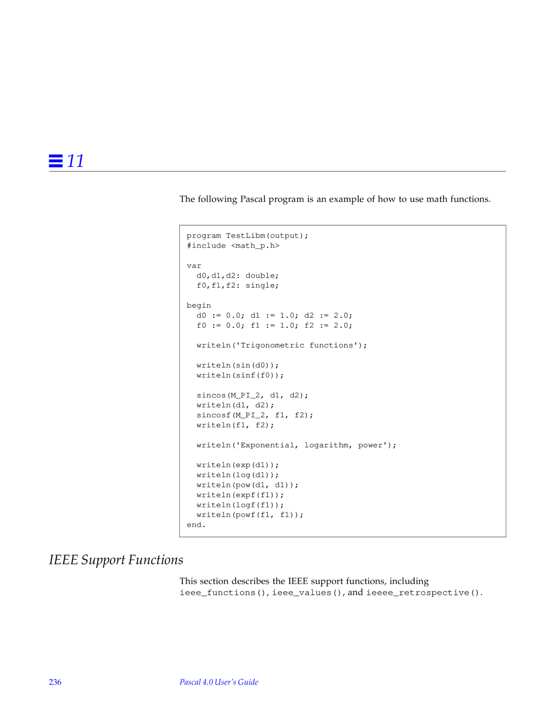 HP SunSoft Pascal 4.0 manual Ieee Support Functions, 236 