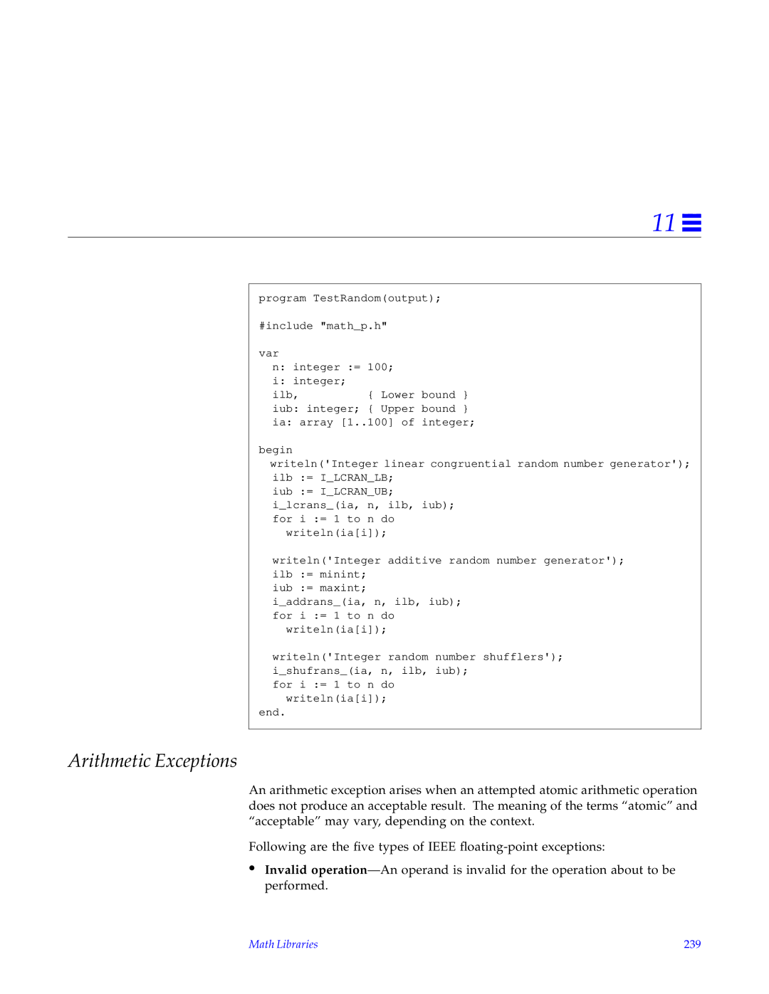 HP SunSoft Pascal 4.0 manual Arithmetic Exceptions, Math Libraries 239 