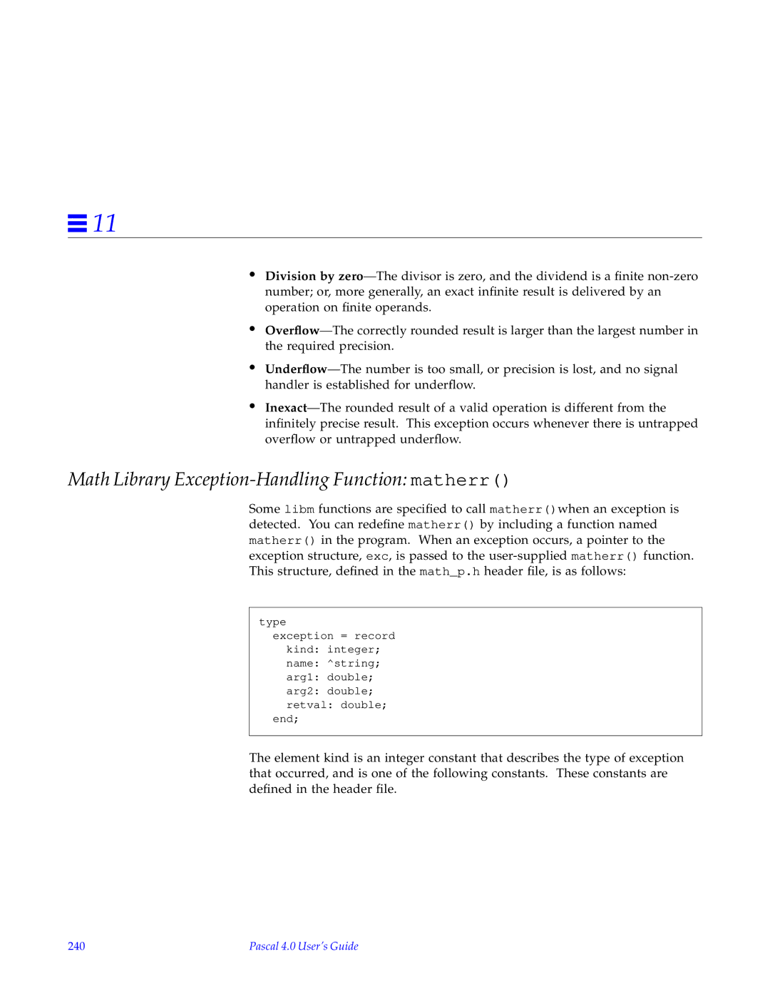 HP SunSoft Pascal 4.0 manual Math Library Exception-Handling Function matherr, 240 