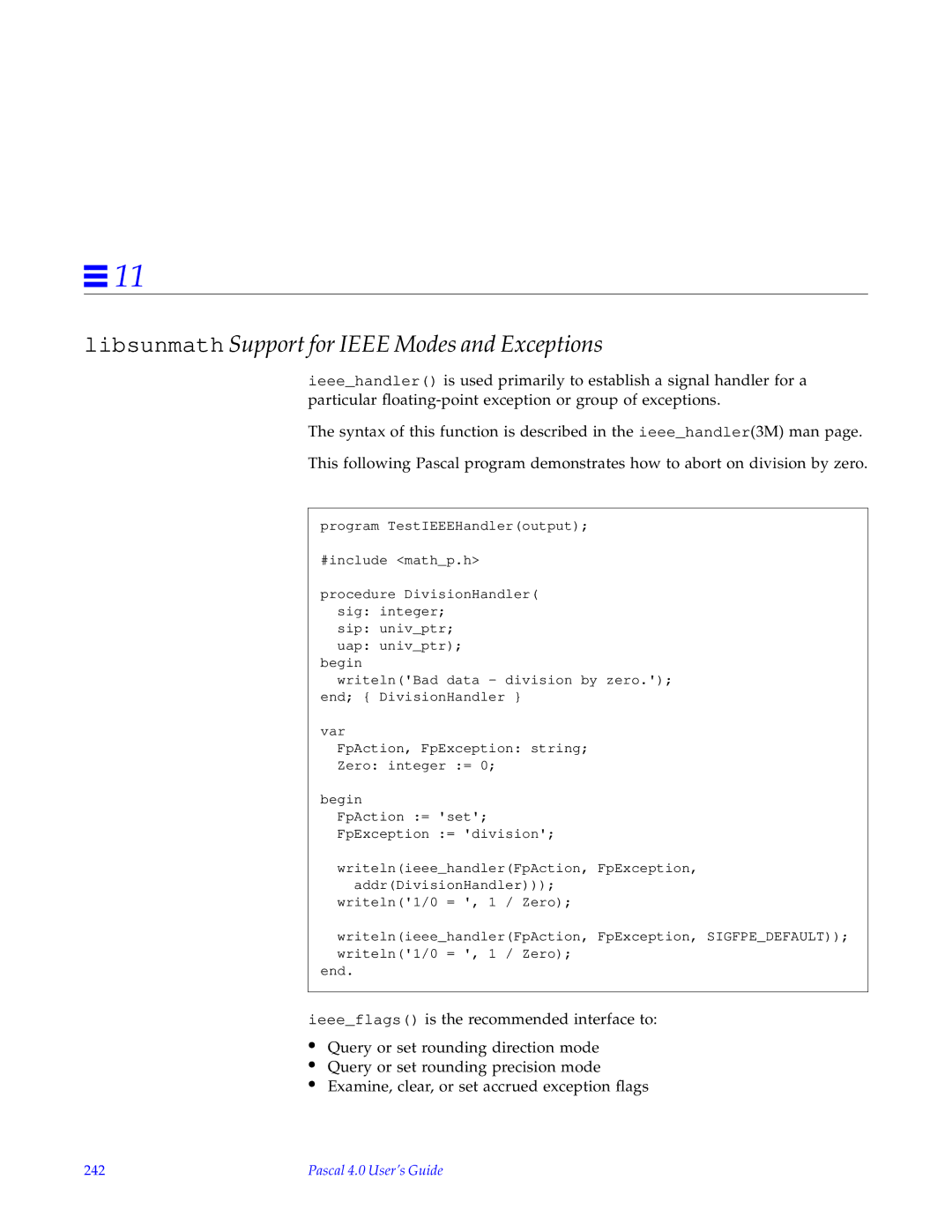 HP SunSoft Pascal 4.0 manual Libsunmath Support for Ieee Modes and Exceptions, 242 