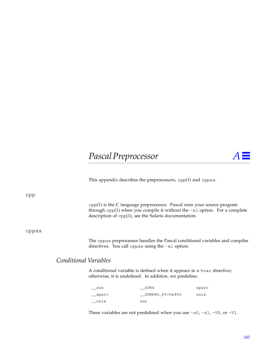 HP SunSoft Pascal 4.0 manual Pascal Preprocessor, Conditional Variables 