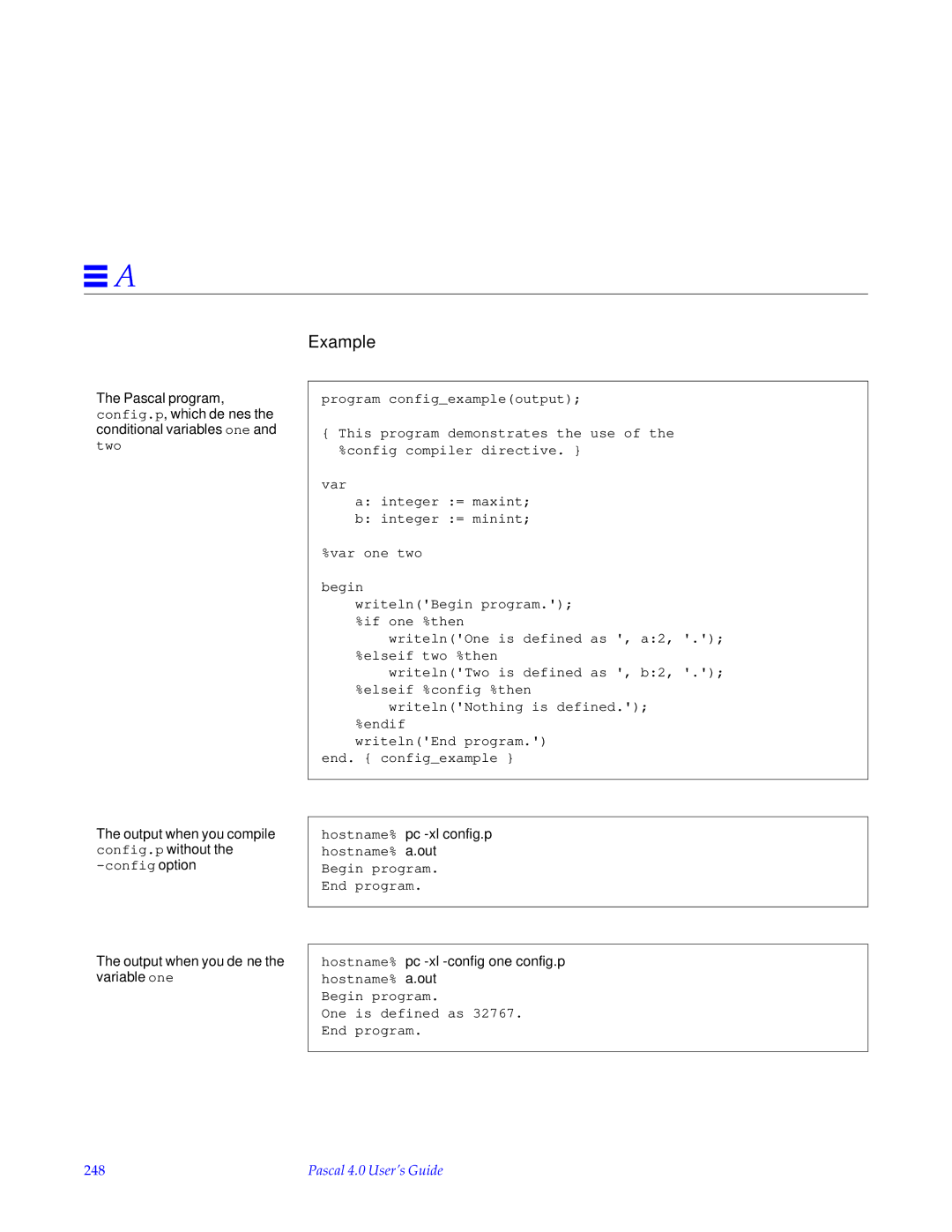 HP SunSoft Pascal 4.0 manual Hostname% pc -xl config.p hostname% a.out, 248 