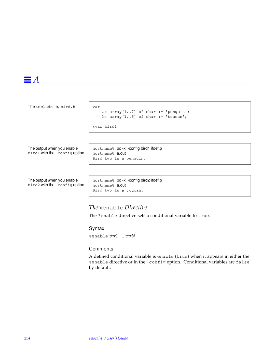 HP SunSoft Pascal 4.0 manual enable Directive, Hostname% pc -xl -config bird2 ifdef.p hostname% a.out, 254 