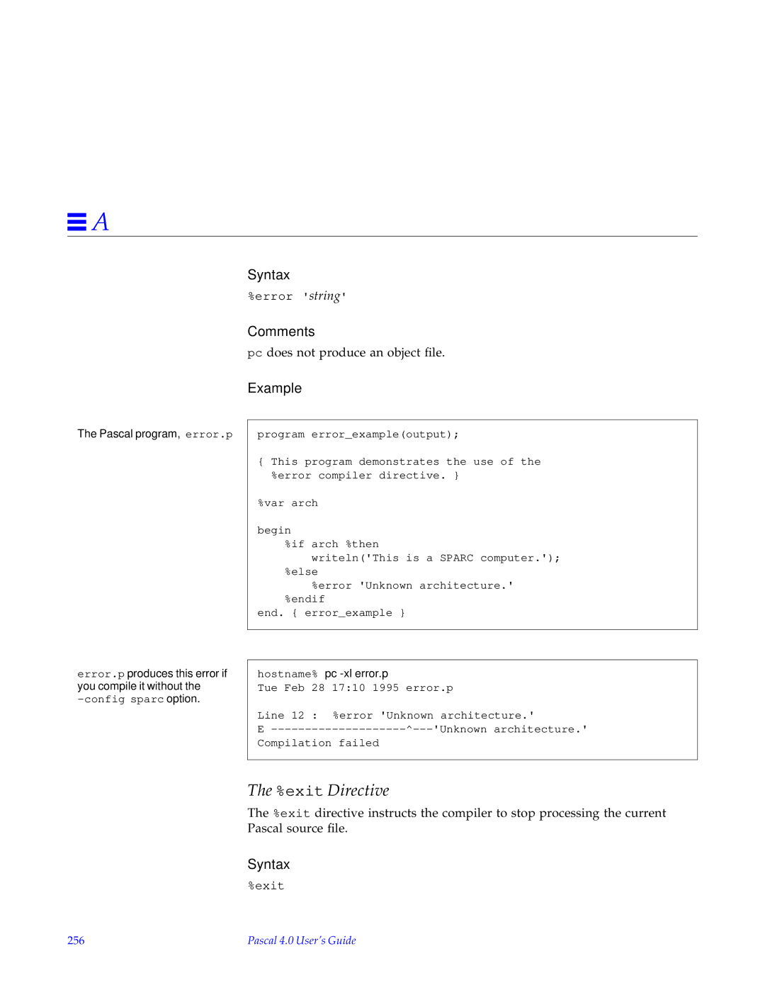 HP SunSoft Pascal 4.0 manual exit Directive, Error.p, 256 