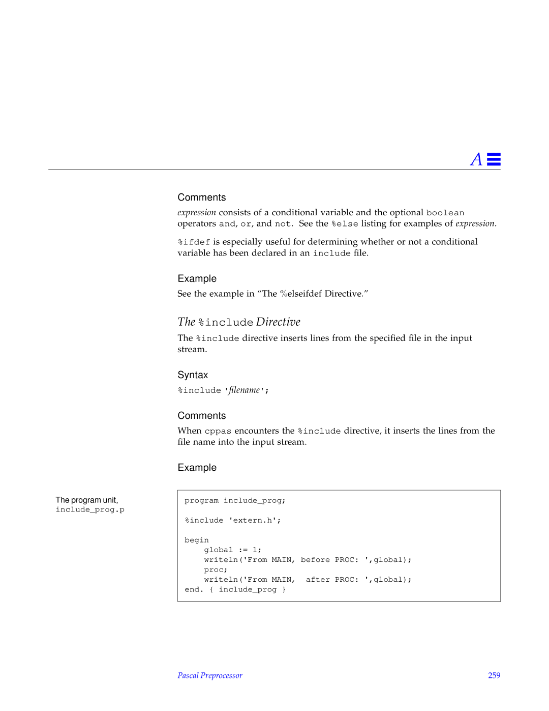 HP SunSoft Pascal 4.0 manual include Directive, Pascal Preprocessor 259 