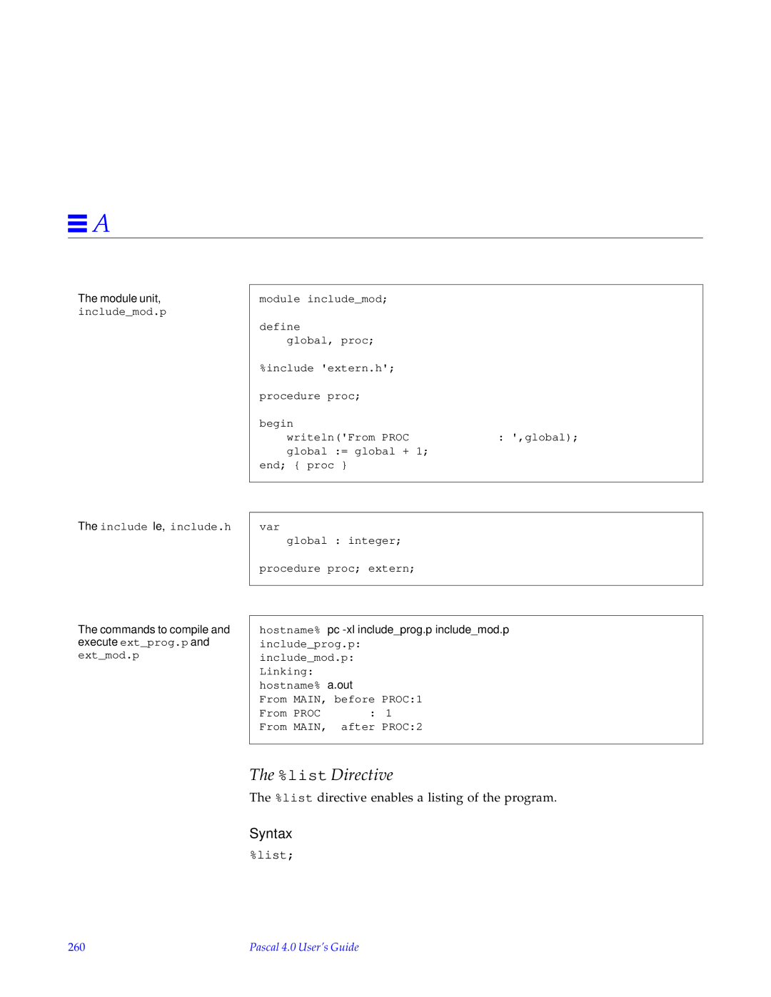 HP SunSoft Pascal 4.0 manual list Directive, Module unit, includemod.p, 260 