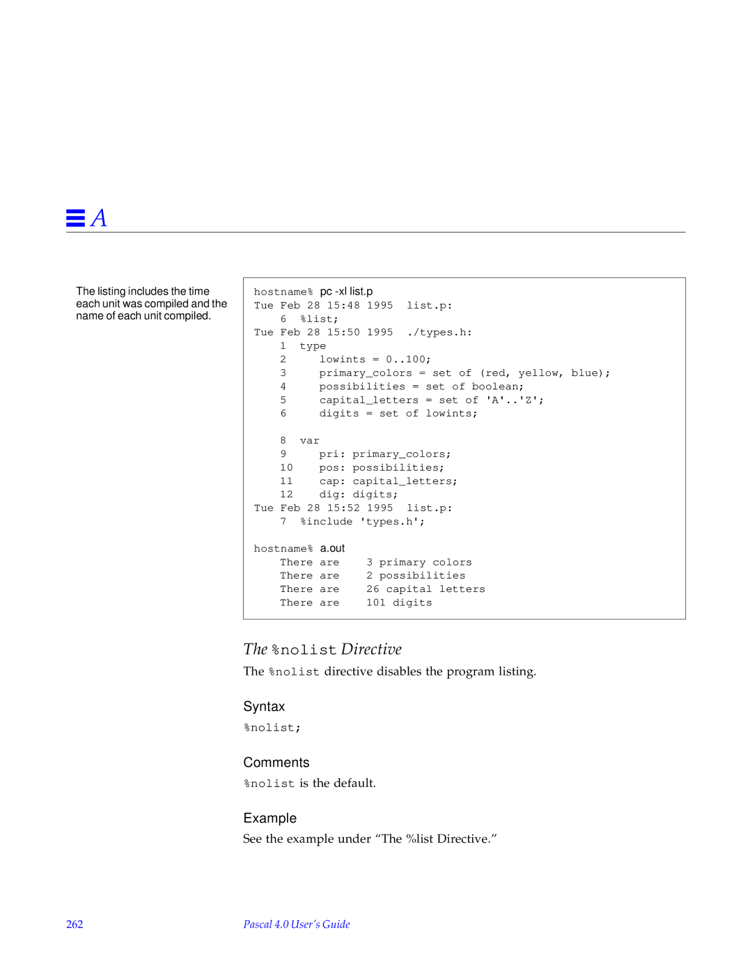 HP SunSoft Pascal 4.0 manual nolist Directive, List.p, 262 