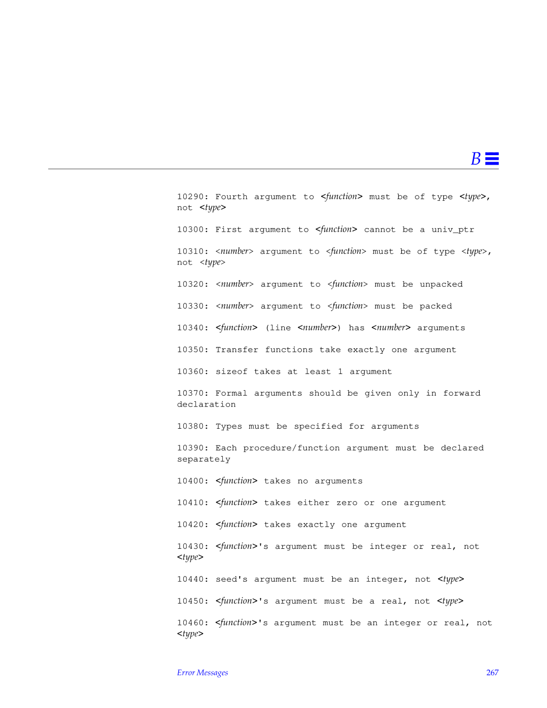 HP SunSoft Pascal 4.0 manual Fourth argument to function must be of type type, not type, Error Messages 267 