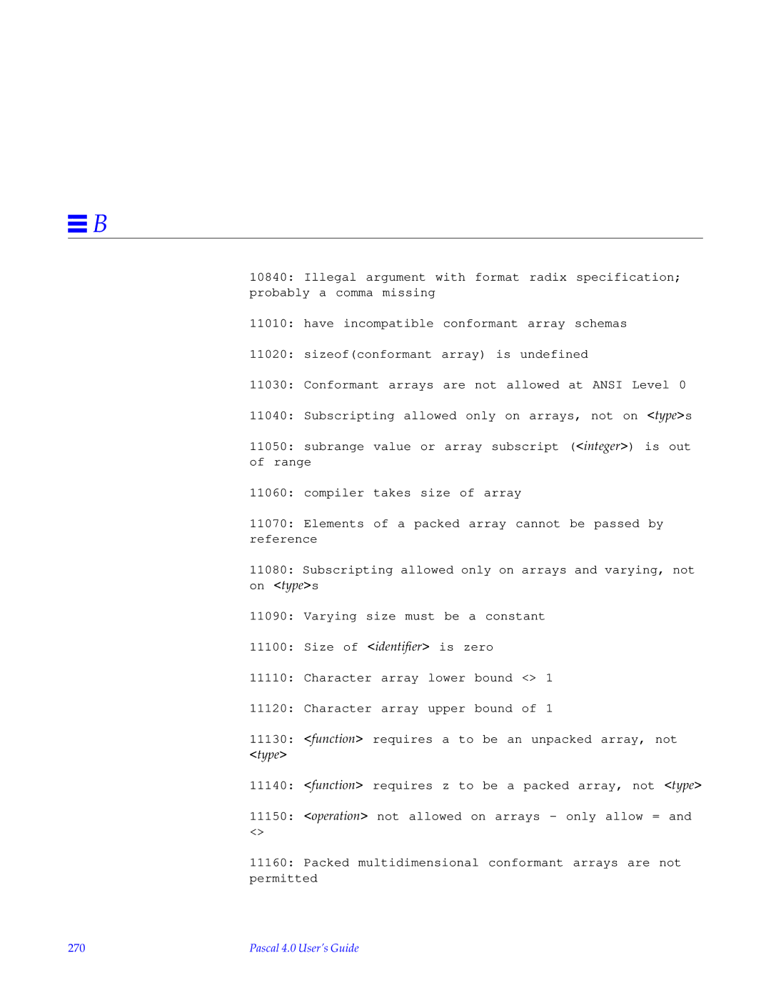 HP SunSoft Pascal 4.0 manual Function requires a to be an unpacked array, not type, 270 