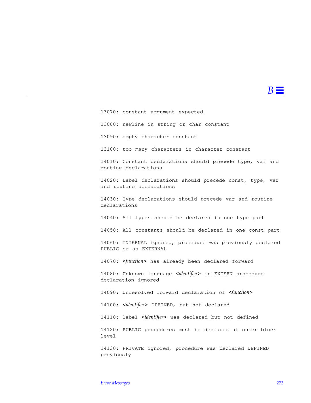 HP SunSoft Pascal 4.0 manual Error Messages 273 