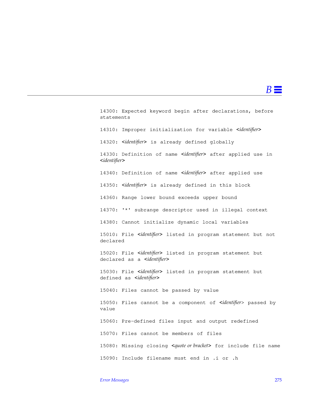 HP SunSoft Pascal 4.0 manual Identiﬁer, Error Messages 275 