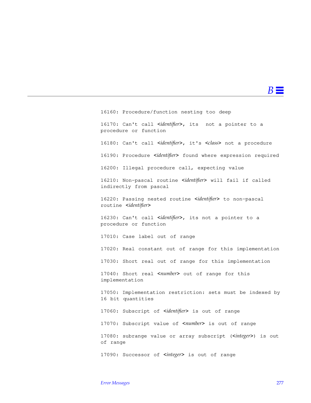 HP SunSoft Pascal 4.0 manual Error Messages 277 