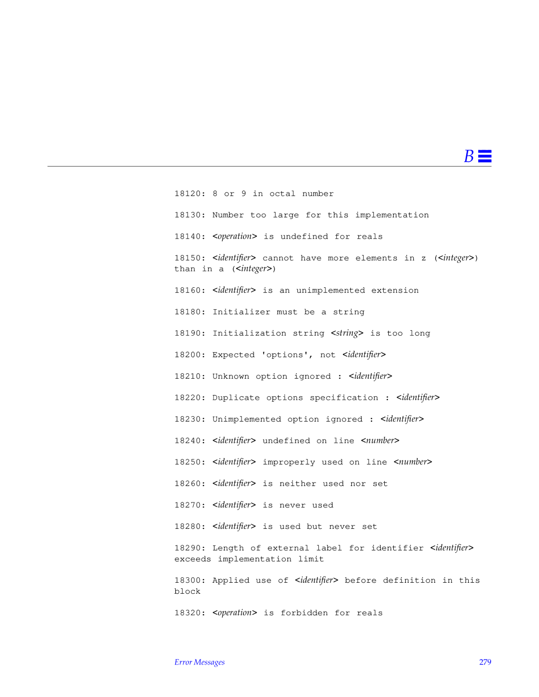 HP SunSoft Pascal 4.0 manual Error Messages 279 