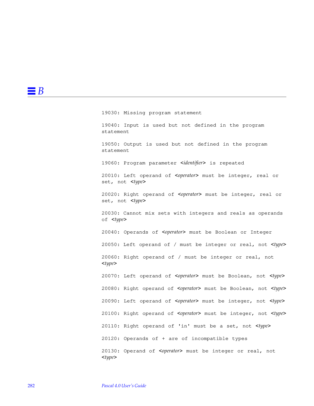 HP SunSoft Pascal 4.0 manual Cannot mix sets with integers and reals as operands of type, 282 