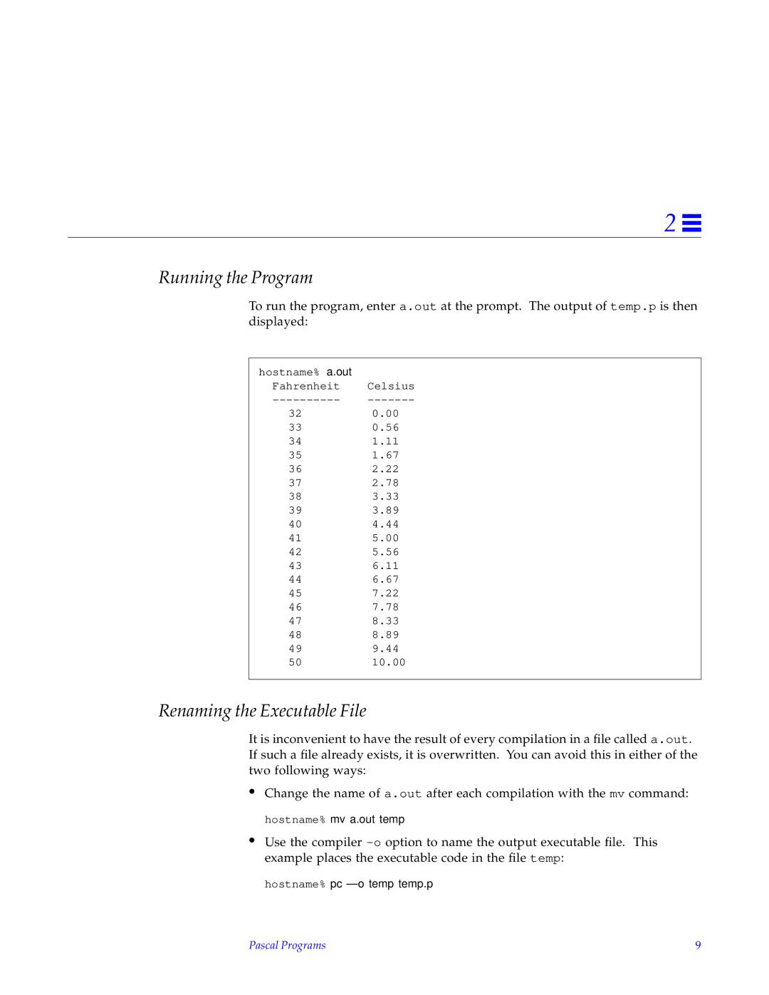 HP SunSoft Pascal 4.0 manual Running the Program, Renaming the Executable File, Hostname% mv a.out temp, Pascal Programs 