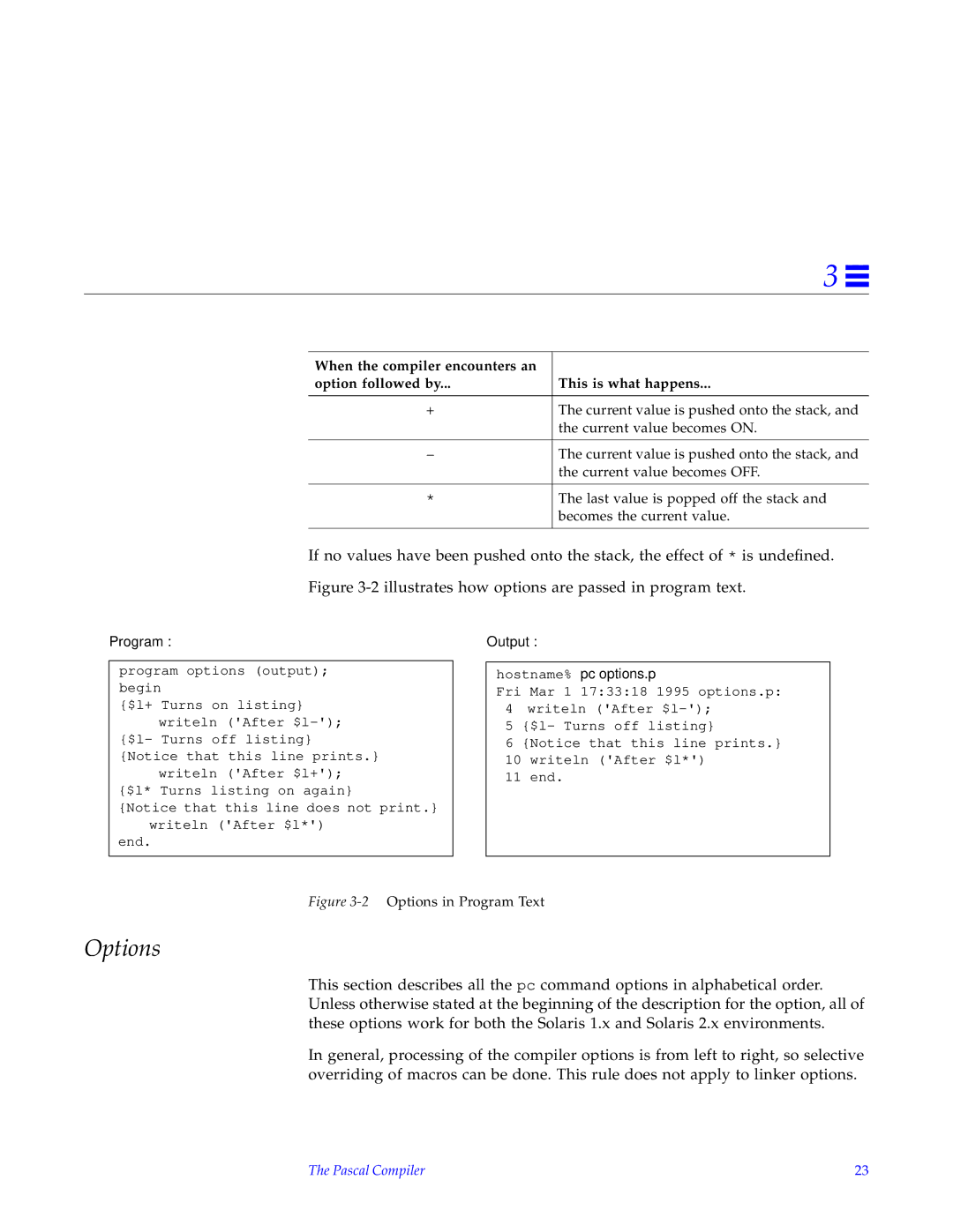 HP SunSoft Pascal 4.0 manual Options, Hostname% pc options.p 