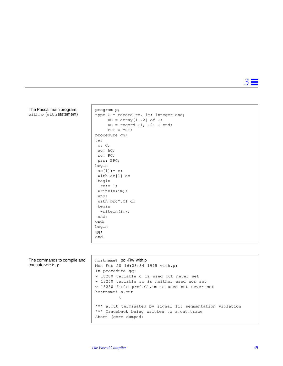 HP SunSoft Pascal 4.0 manual Pascal main program, with.p with statement, Commands to compile and execute with.p 