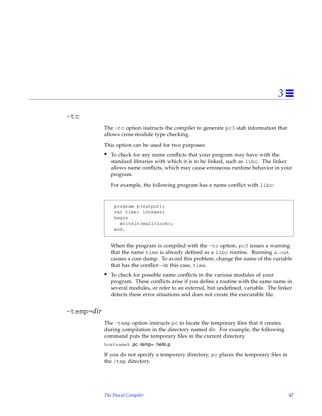 HP SunSoft Pascal 4.0 manual Temp=dir, Hostname% pc -temp=. hello.p 