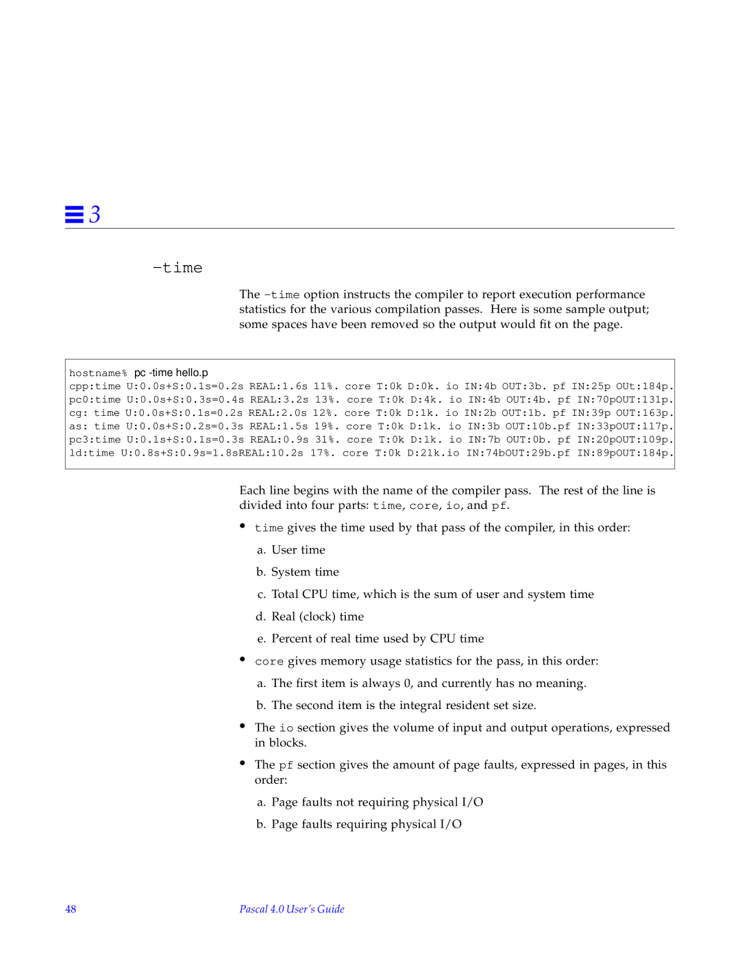 HP SunSoft Pascal 4.0 manual Time, Hostname% pc -time hello.p 