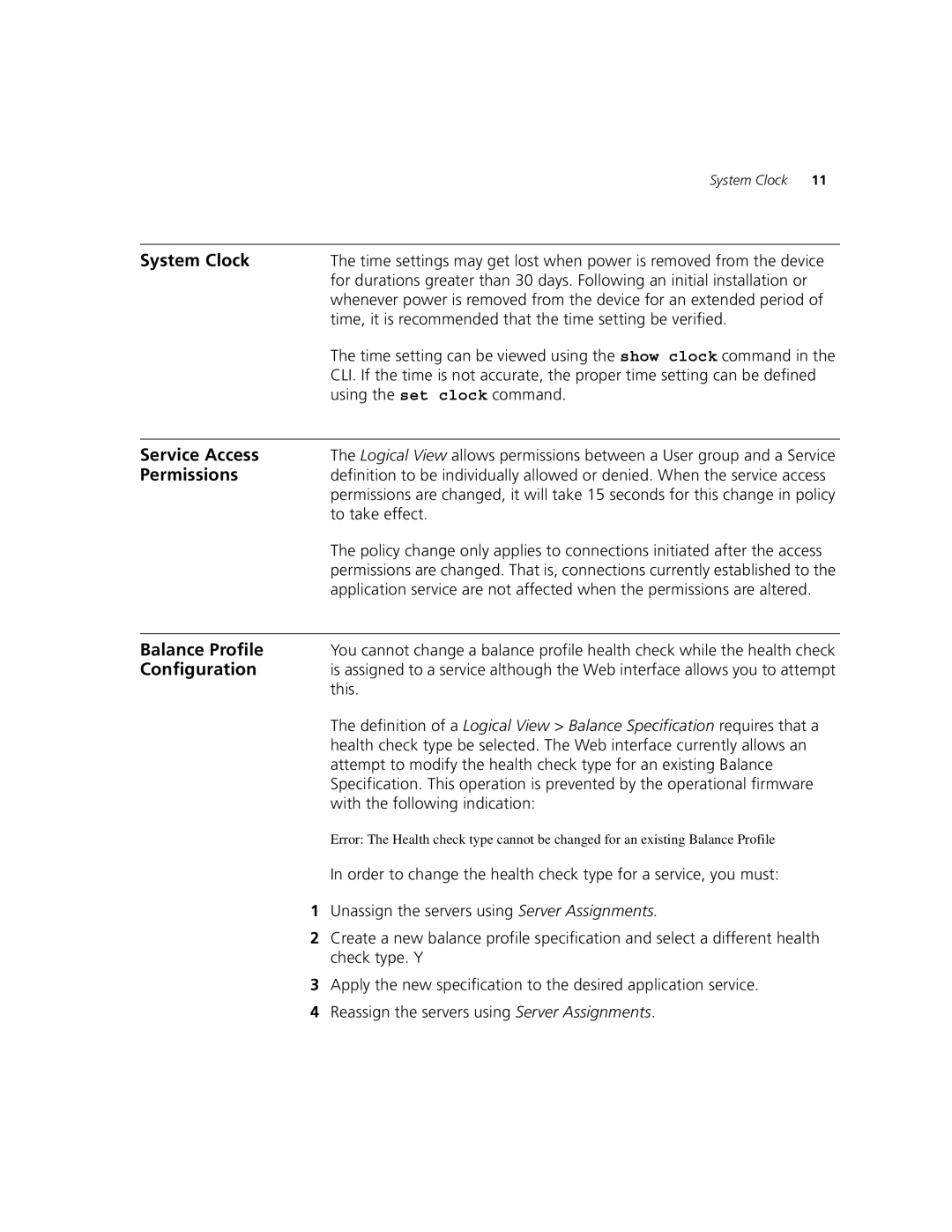 HP SuperStack 3 Load Balancer Appliance manual System Clock, Service Access, Permissions, Balance Profile 