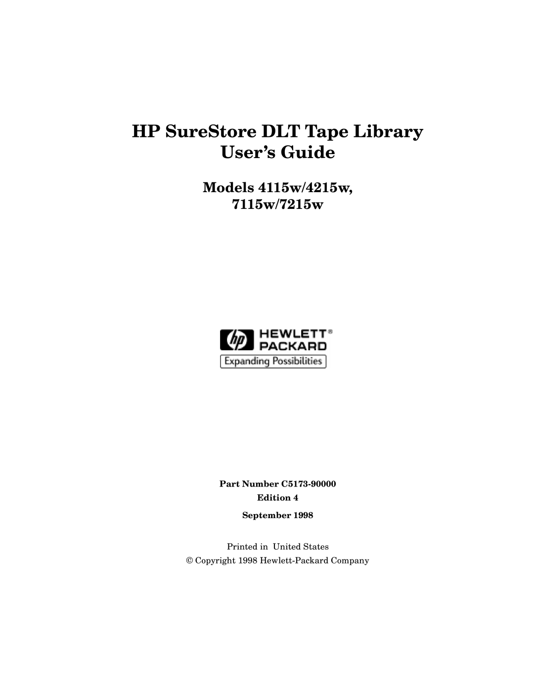 HP SureStore 7215w, SureStore 4215w manual Models 4115w/4215w 7115w/7215w, Part Number C5173-90000 Edition September 