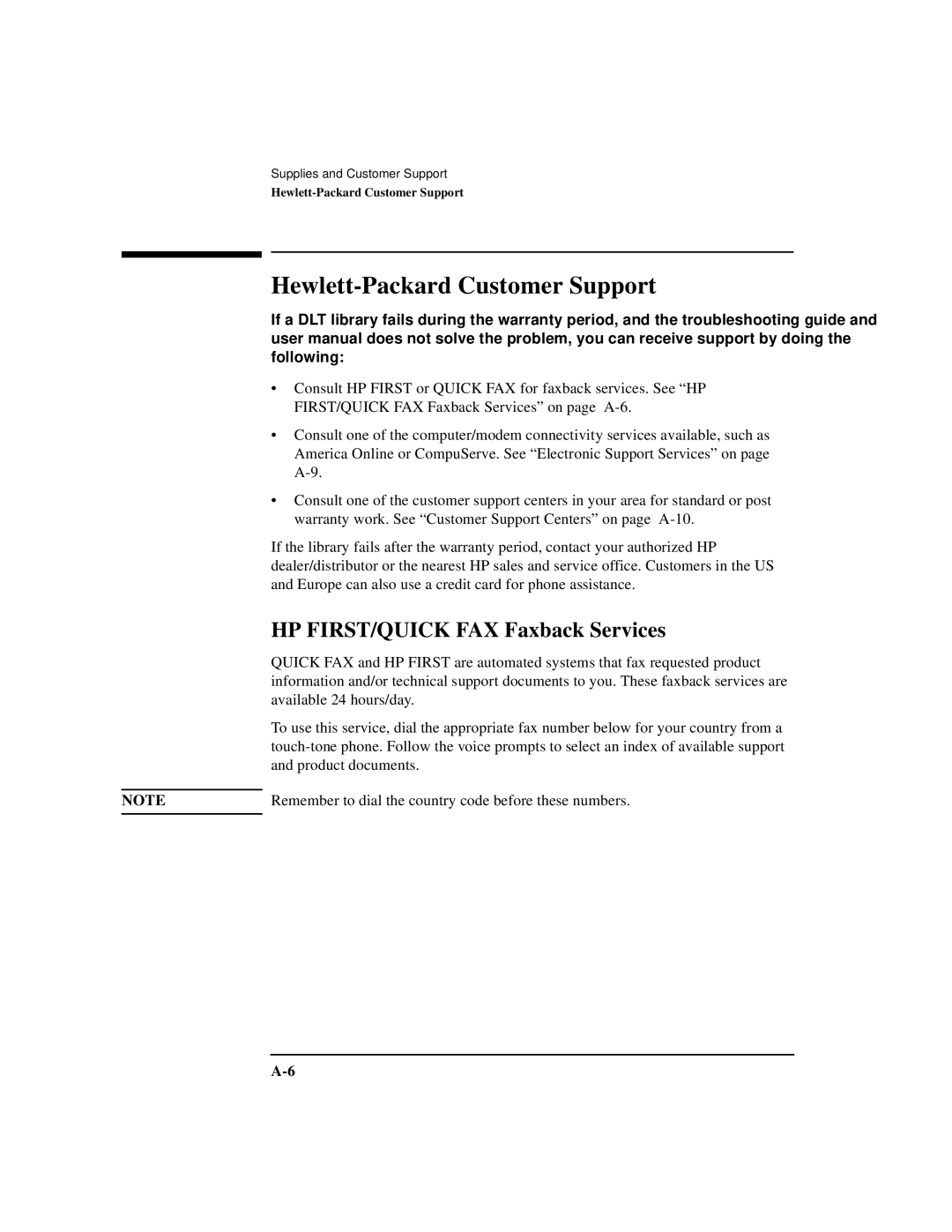 HP SureStore 7115w, SureStore 4215w, SureStore 7215w Hewlett-Packard Customer Support, HP FIRST/QUICK FAX Faxback Services 