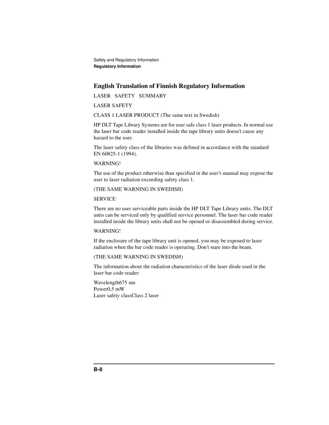 HP SureStore 4215w, SureStore 7215w manual English Translation of Finnish Regulatory Information, Laser Safety Summary 