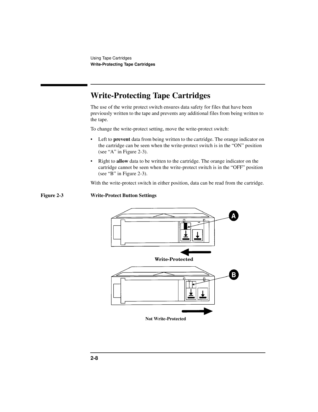 HP SureStore 4215w, SureStore 7215w, SureStore 7115w manual Write-Protecting Tape Cartridges, Write-Protect Button Settings 