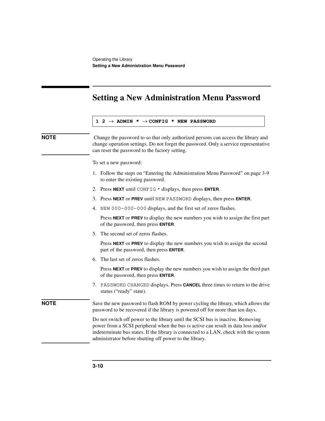 HP SureStore 4215w, SureStore 7215w manual Setting a New Administration Menu Password, → Admin * → Config * NEW Password 