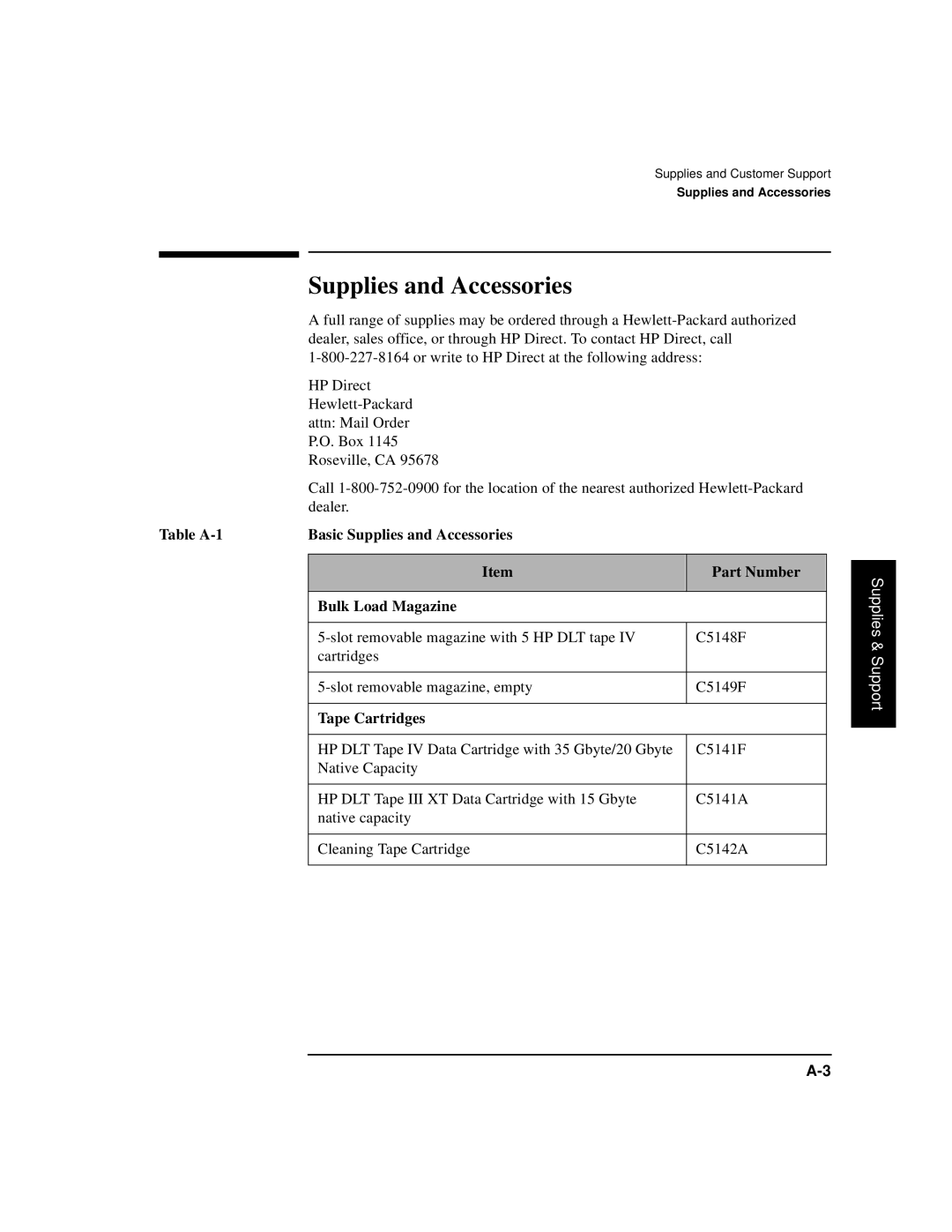 HP SureStore 4115w manual Table A-1 Basic Supplies and Accessories Part Number, Bulk Load Magazine, Tape Cartridges 