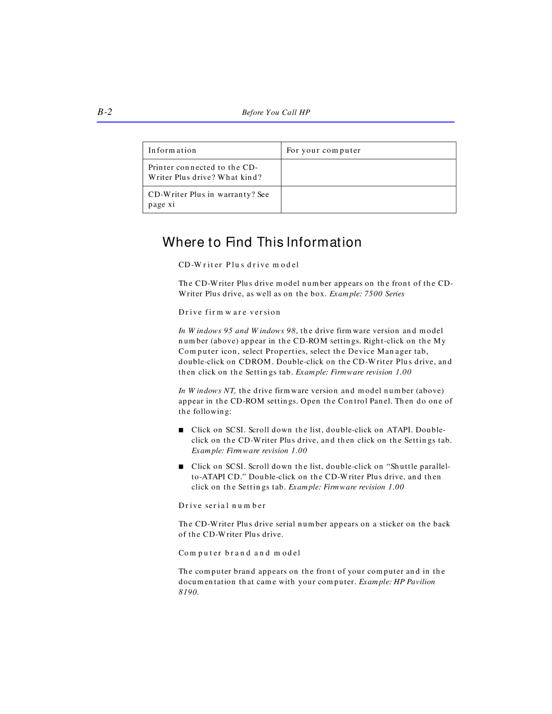 HP SureStore CD-Writer Plus 7570e manual Where to Find This Information, CD-Writer Plus drive model, Drive firmware version 