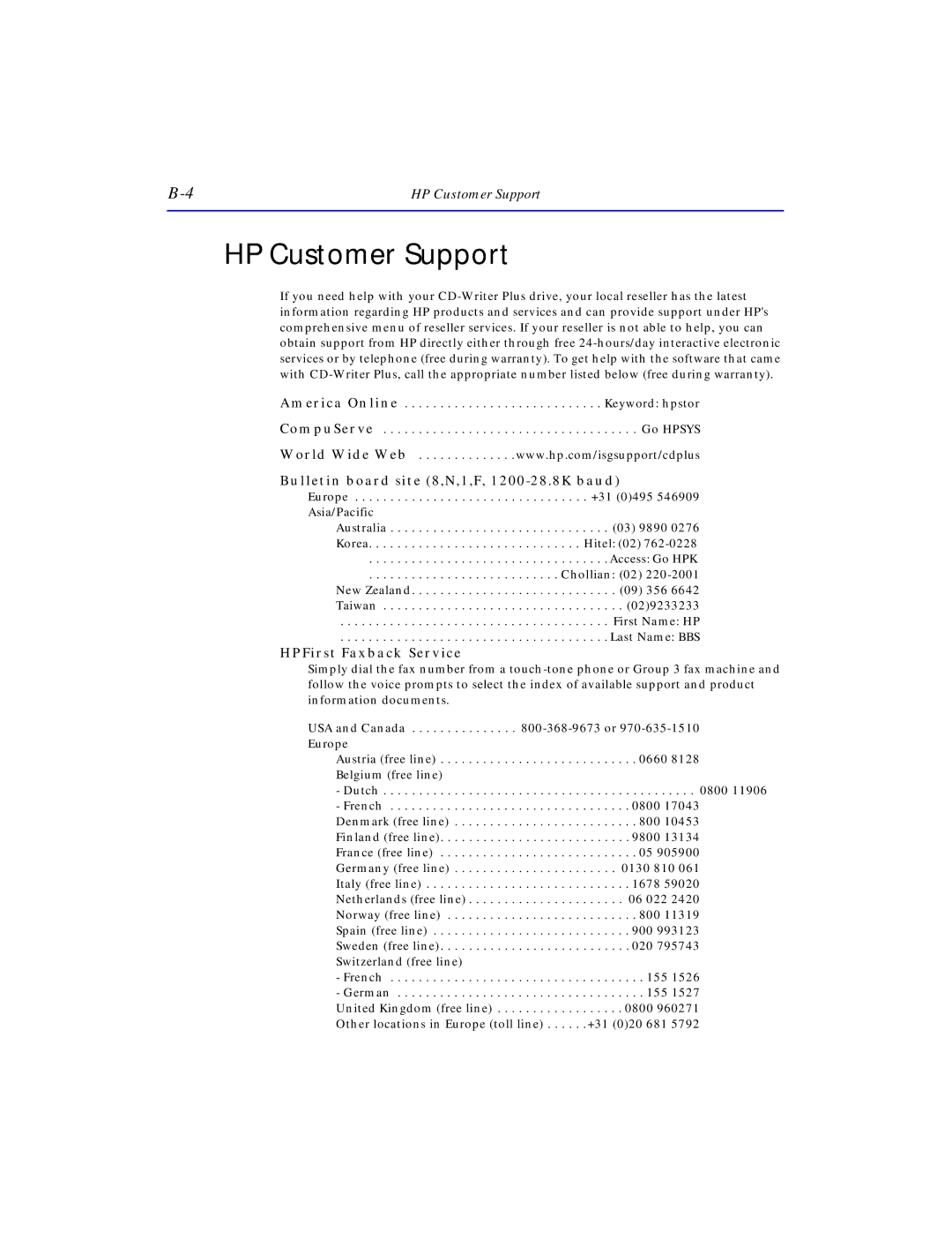 HP SureStore CD-Writer Plus 7570e manual HP Customer Support, Bulletin board site 8,N,1,F, 1200-28.8K baud 