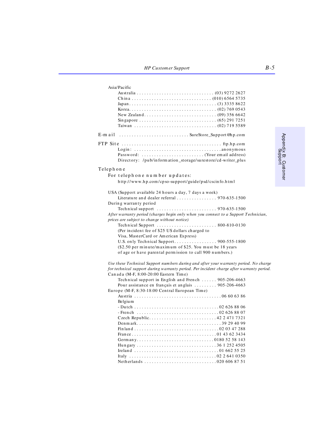 HP SureStore CD-Writer Plus 7550e, SureStore CD-Writer Plus 7570e manual Telephone For telephone number updates 