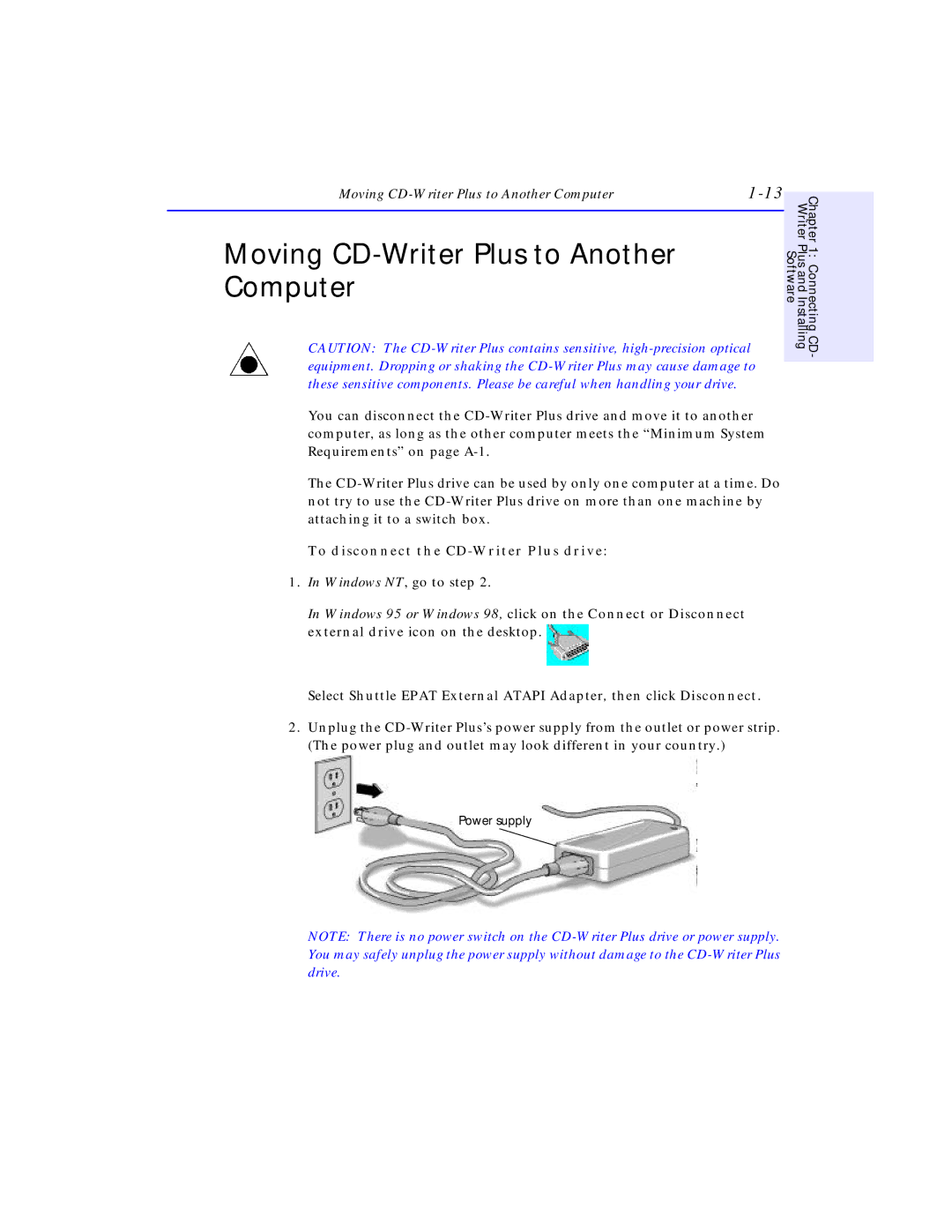 HP SureStore CD-Writer Plus 7550e manual Moving CD-Writer Plus to Another Computer, To disconnect the CD-Writer Plus drive 