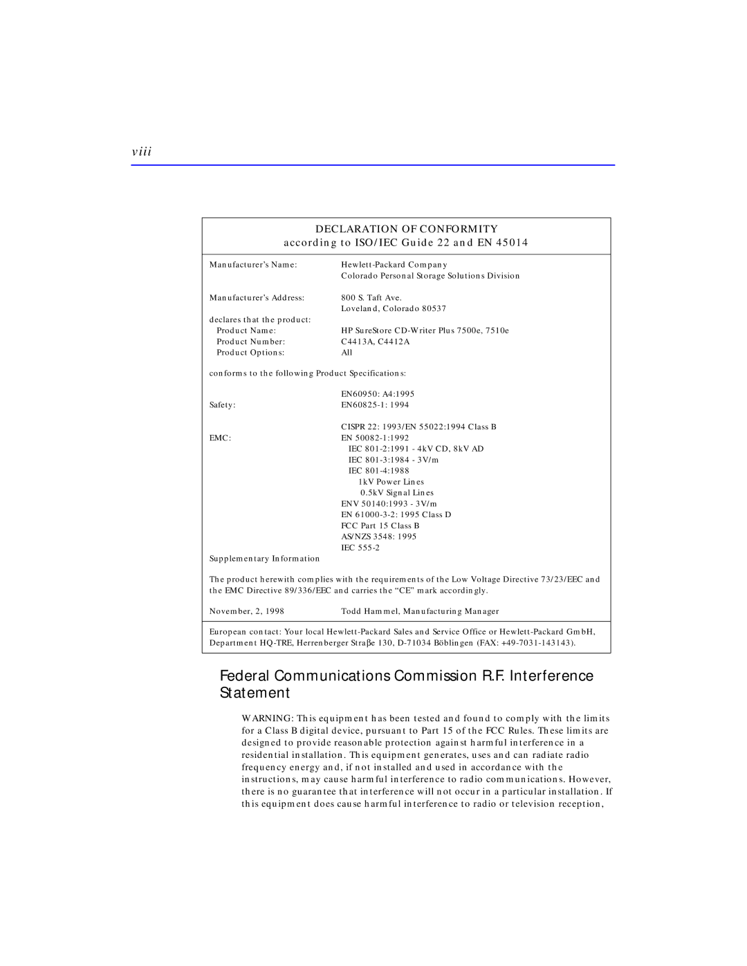 HP SureStore CD-Writer Plus 7570e, SureStore CD-Writer Plus 7550e manual Viii, According to ISO/IEC Guide 22 and EN 