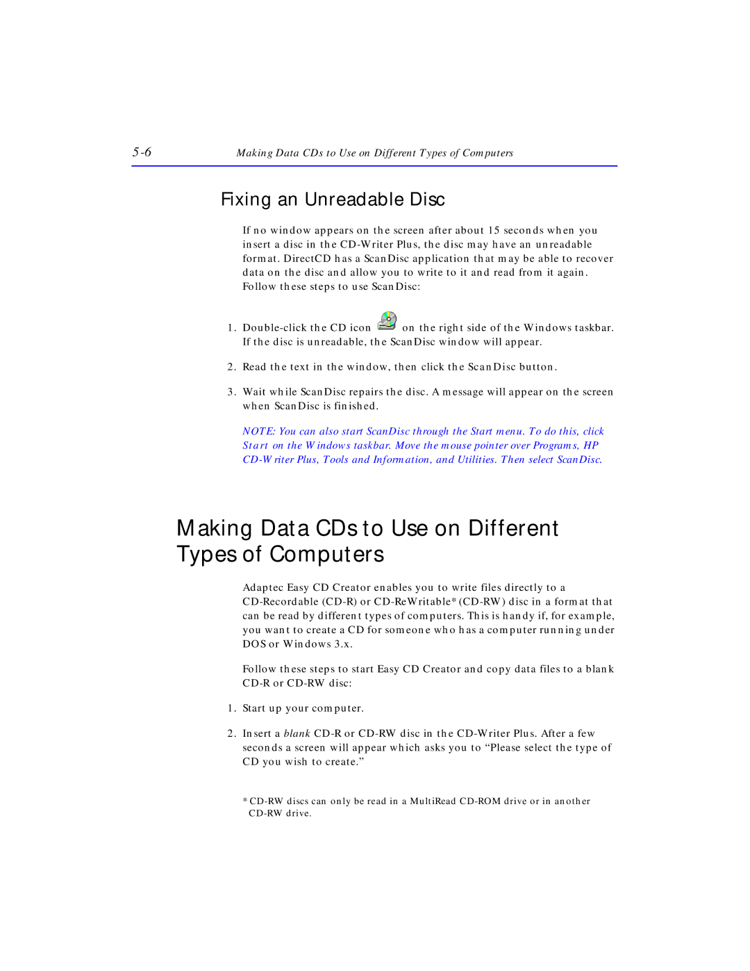 HP SureStore CD-Writer Plus 7570e manual Making Data CDs to Use on Different Types of Computers, Fixing an Unreadable Disc 