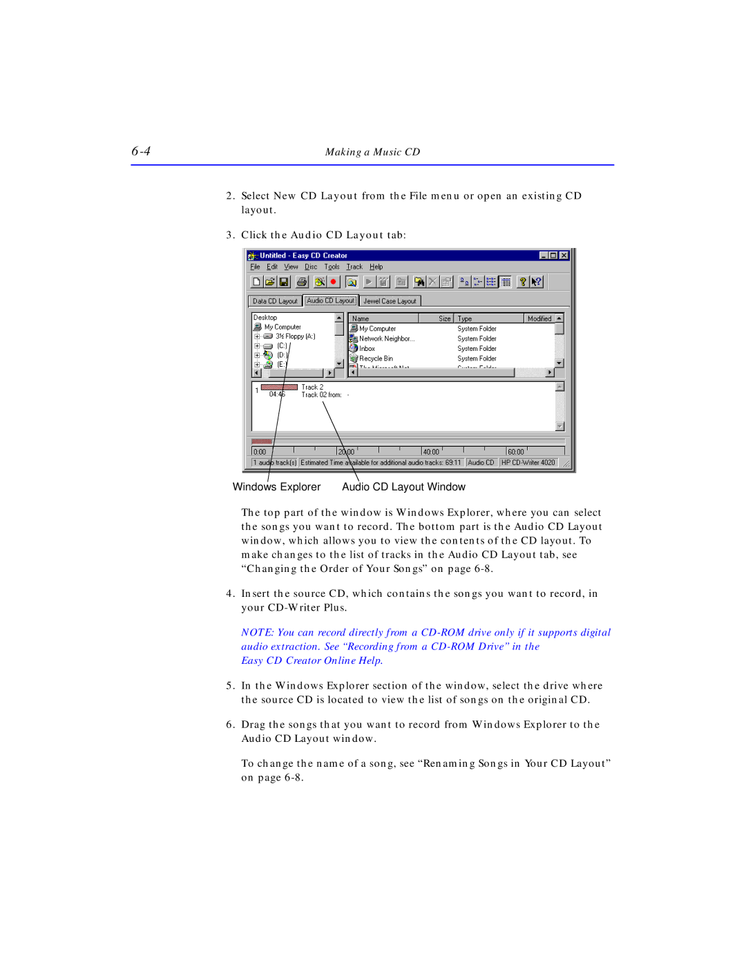 HP SureStore CD-Writer Plus 7570e, SureStore CD-Writer Plus 7550e manual Click the Audio CD Layout tab, Windows Explorer 