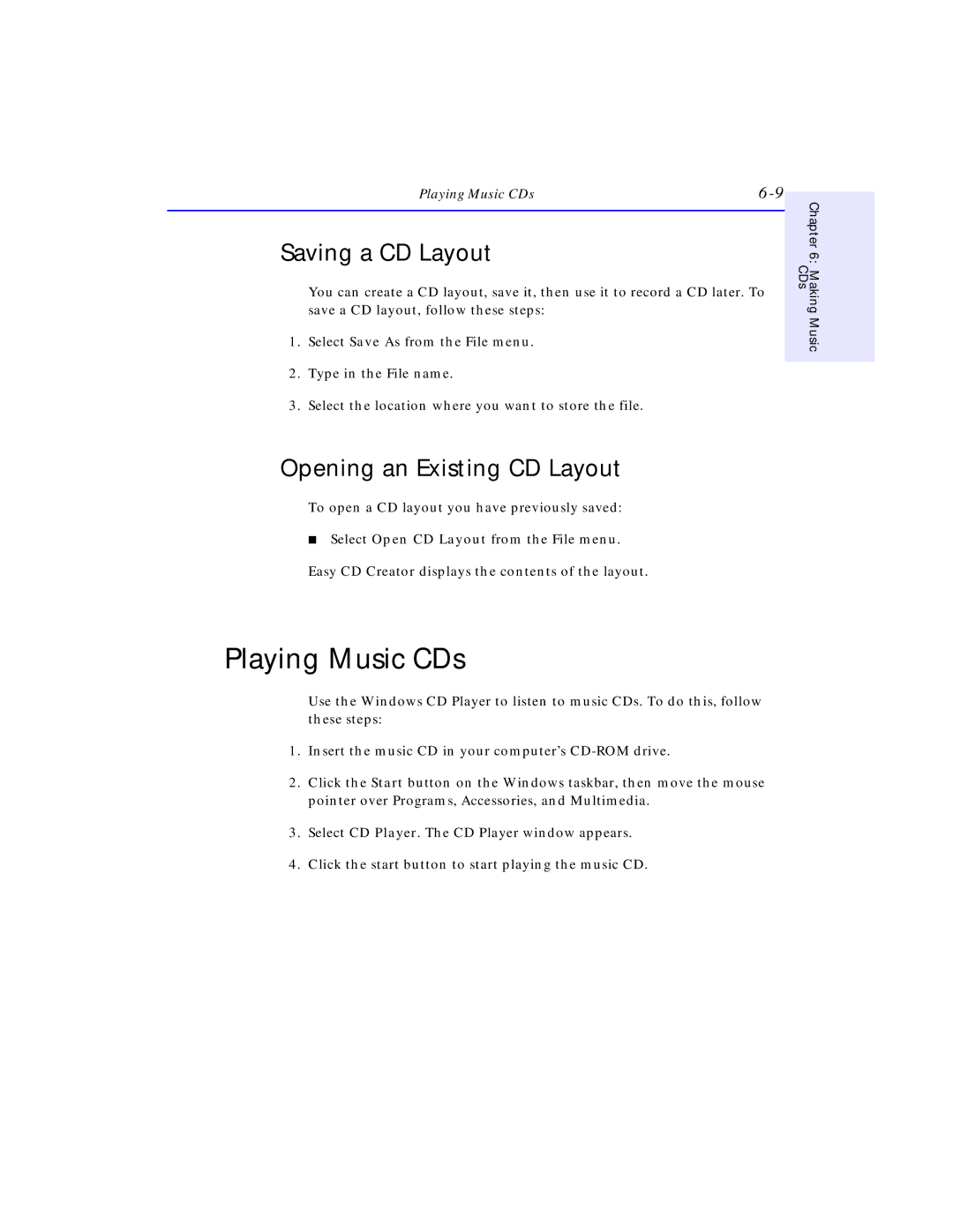 HP SureStore CD-Writer Plus 7550e manual Playing Music CDs, Saving a CD Layout, Opening an Existing CD Layout 