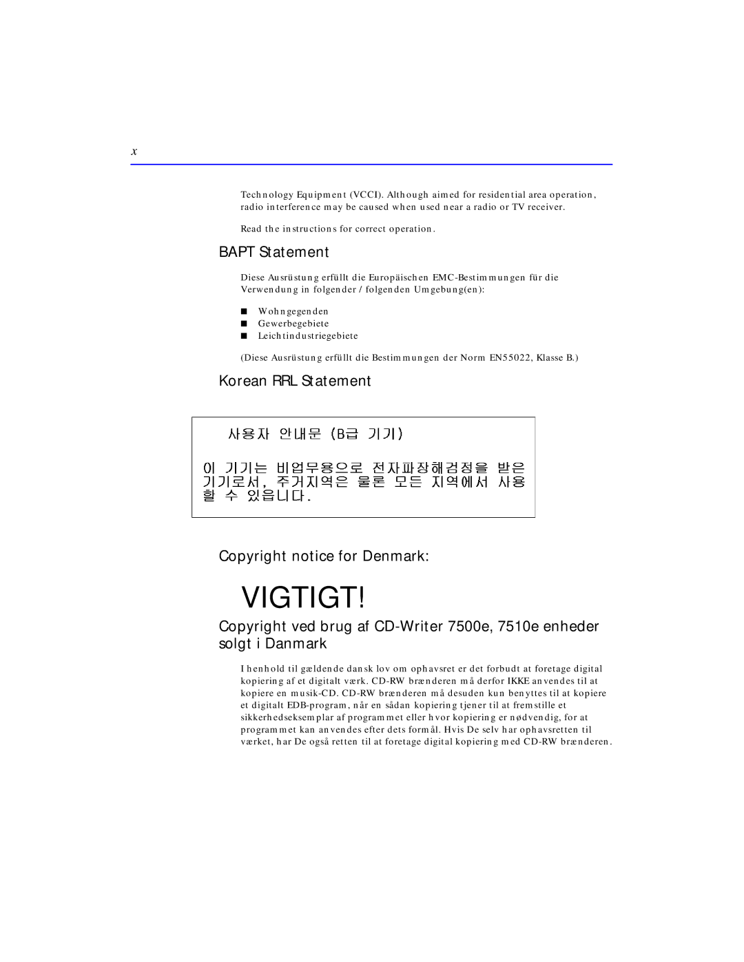 HP SureStore CD-Writer Plus 7570e manual Bapt Statement, Korean RRL Statement Copyright notice for Denmark 