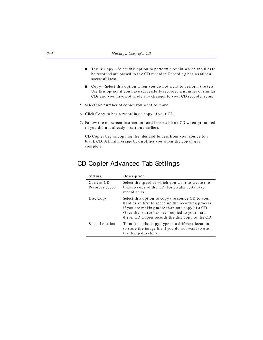 HP SureStore CD-Writer Plus 7550e, SureStore CD-Writer Plus 7570e CD Copier Advanced Tab Settings, Setting Description 