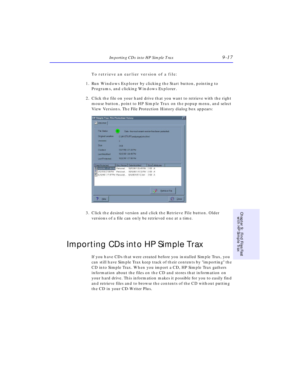 HP SureStore CD-Writer Plus 7550e manual Importing CDs into HP Simple Trax, To retrieve an earlier version of a file 